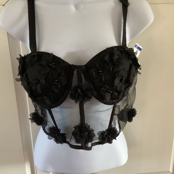 Victoria’s Secret Black Floral Lace Bralette Corset Sz XL - Picture 1 of 8